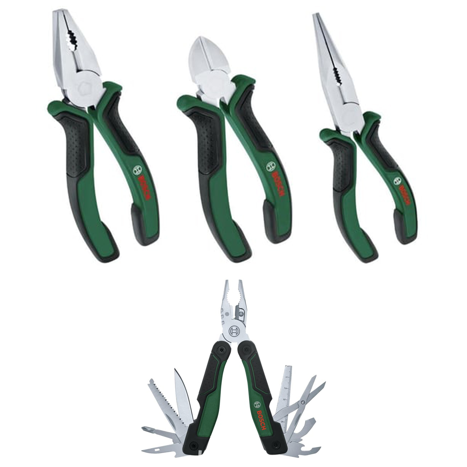 Bosch El Aleti Seti (Yan Keski 160-Pense 180-Kargaburun 180) 3 Parça + Çok Amaçlı Alet Pense - Çakı (16 Özellik)