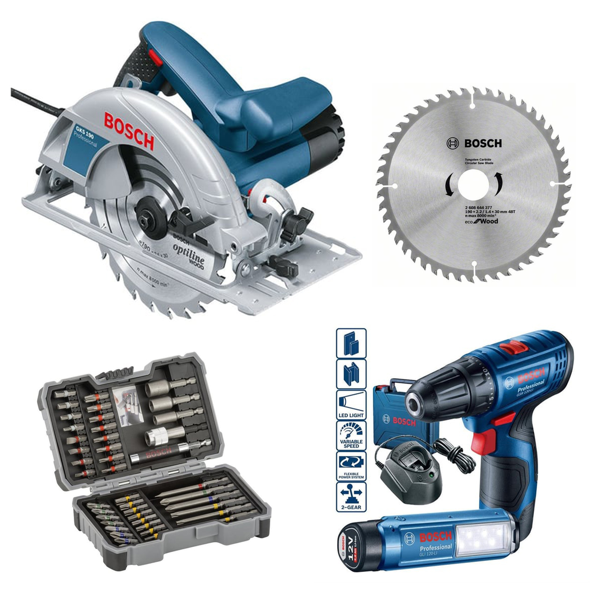 BOSCH Professional GKS 190 Daire Testere + GSR 120-LI  2 Ah Çift Akülü Vidalama Makinası + Ahşap 190x30Mm 48 Diş Daire Testere + 43 Parça Profesyonel Aksesuar Seti