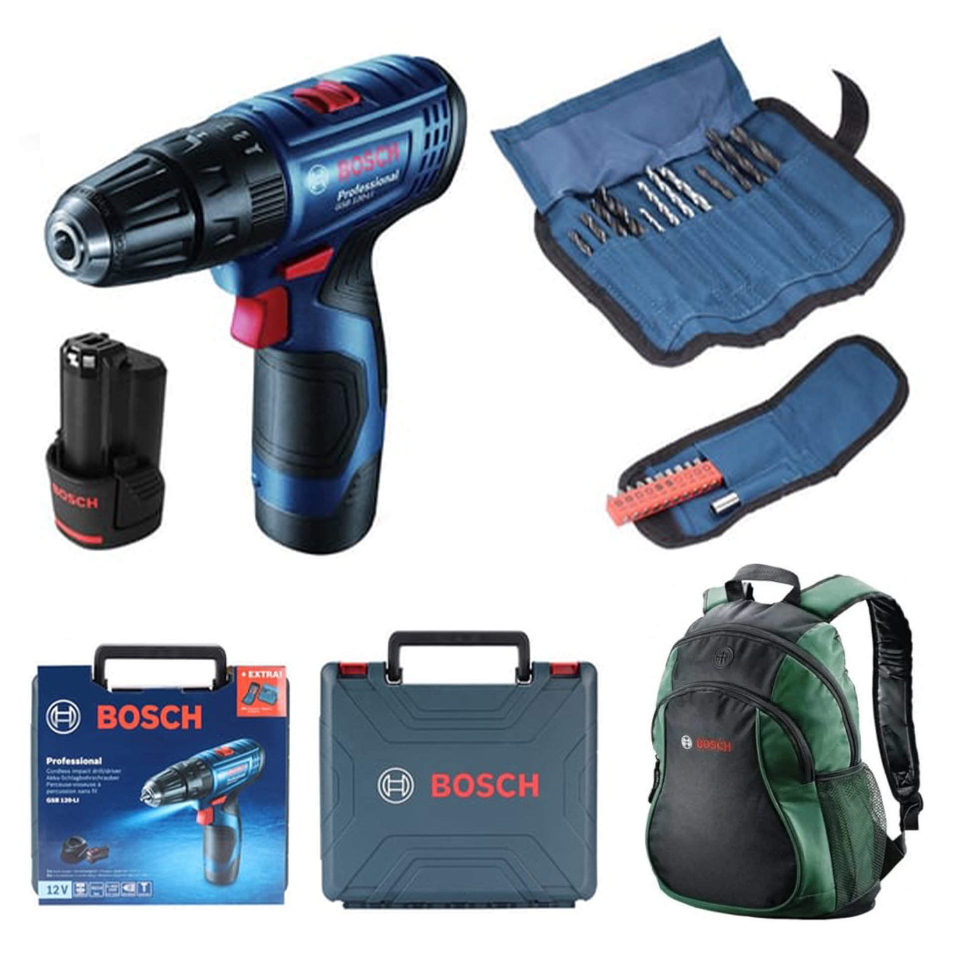 Bosch Professional GSB 120-LI 2x2Ah Akülü Darbeli Delme/Vidalama + 23 Parça Set - 06019G8102 + Bosch Sırt Çantası