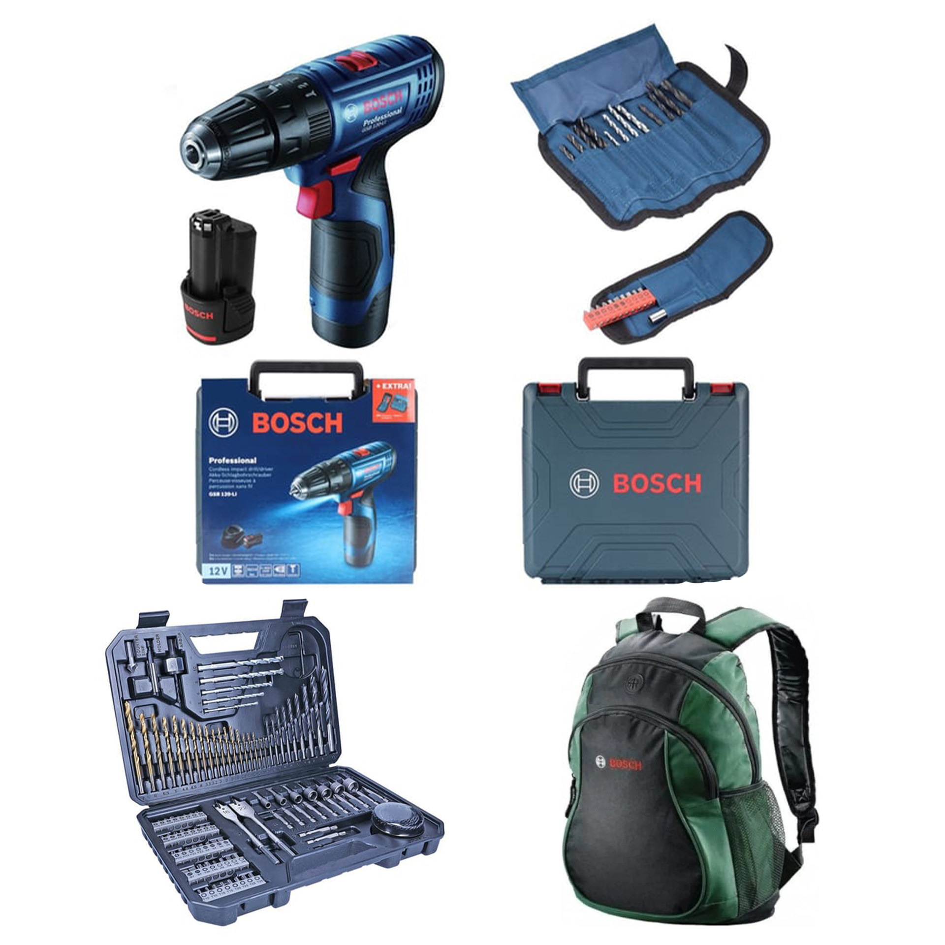 Bosch Professional GSB 120-LI 2x2Ah Akülü Darbeli Delme/Vidalama + 23 Parça Set + V-Line 103 Parça Karışık Aksesuar Seti + Sırt Çantası