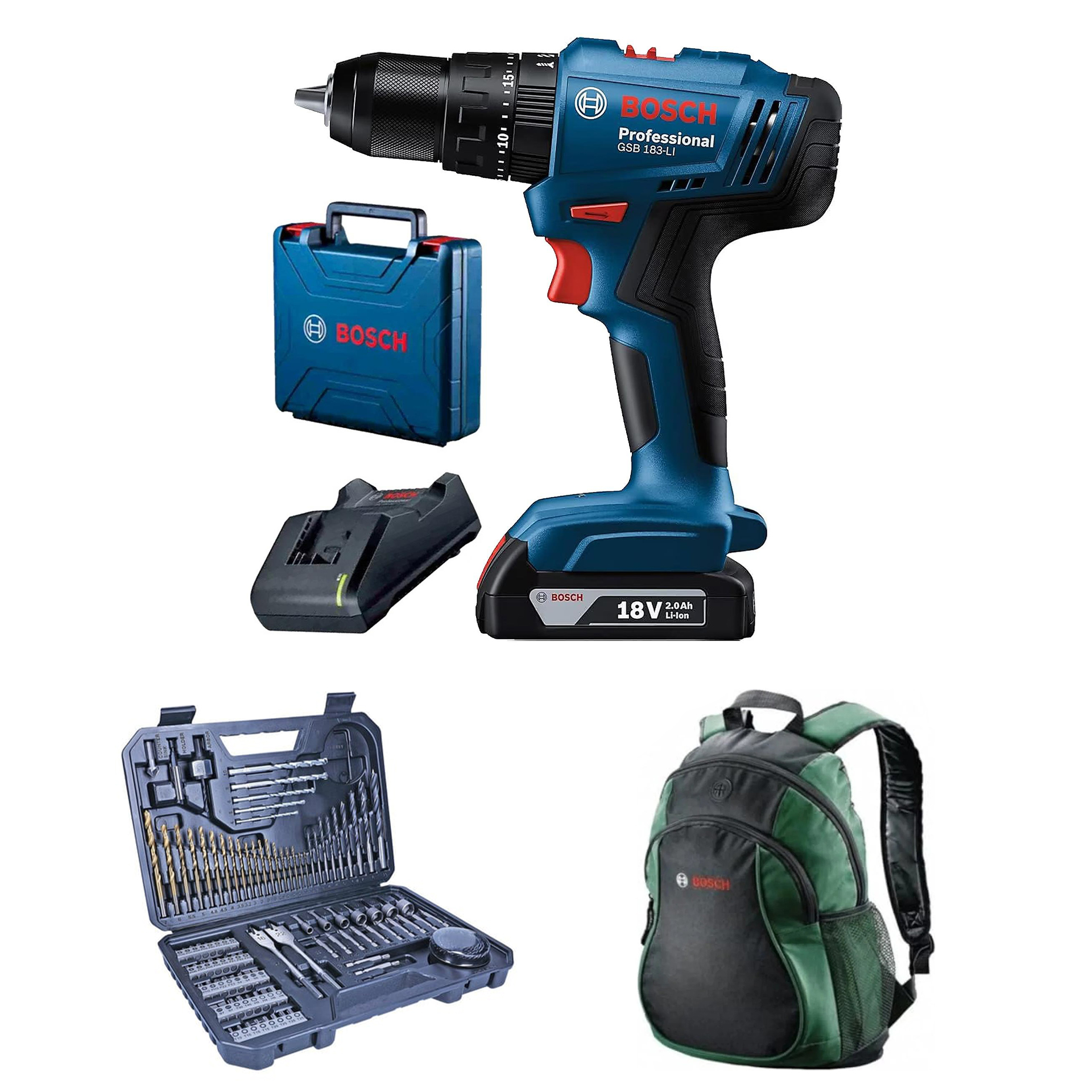 Bosch Professional GSB 183 Tek Akülü 2 Ah Darbeli Matkap Şarjlı + V-Line 103 Parça Karışık Aksesuar Seti+ Bosch Sırt Çantası