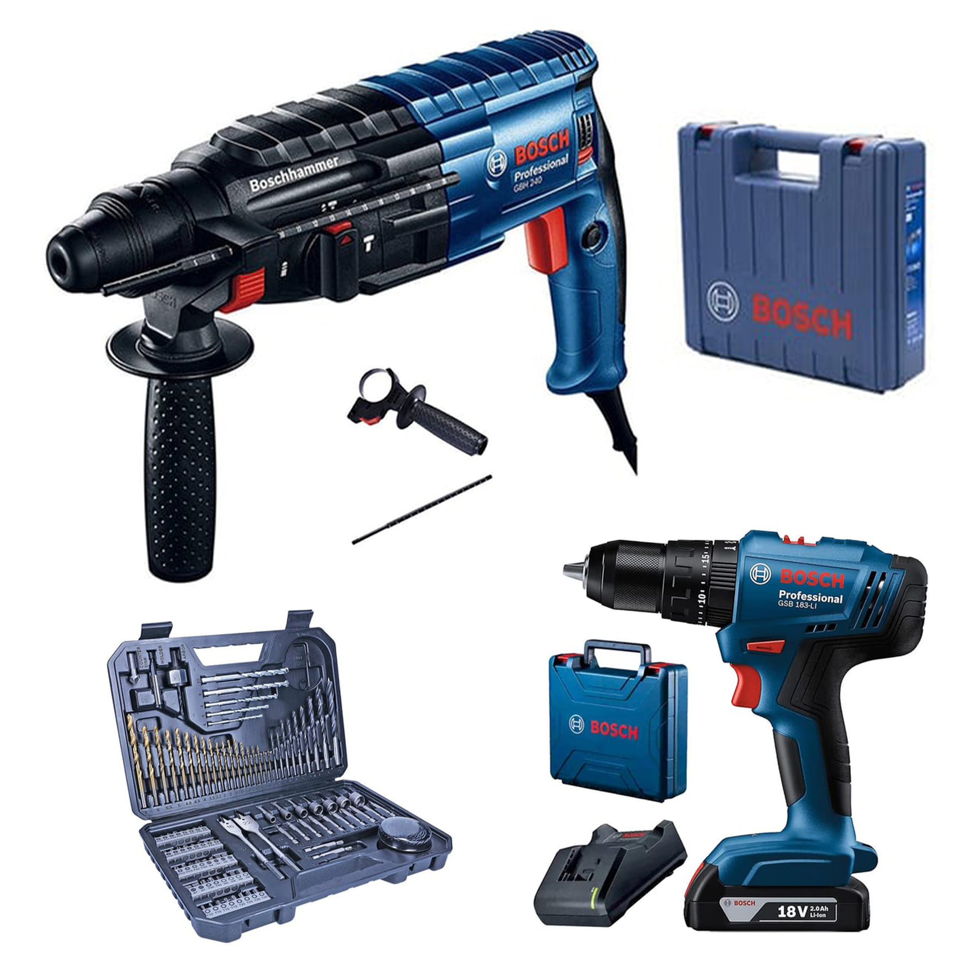 Bosch Professional GSB 183 Tek Akülü 2 Ah Darbeli Matkap Şarjlı  + GBH 240 Kırıcı Delici + V-Line 103 Parça Aksesuar Seti