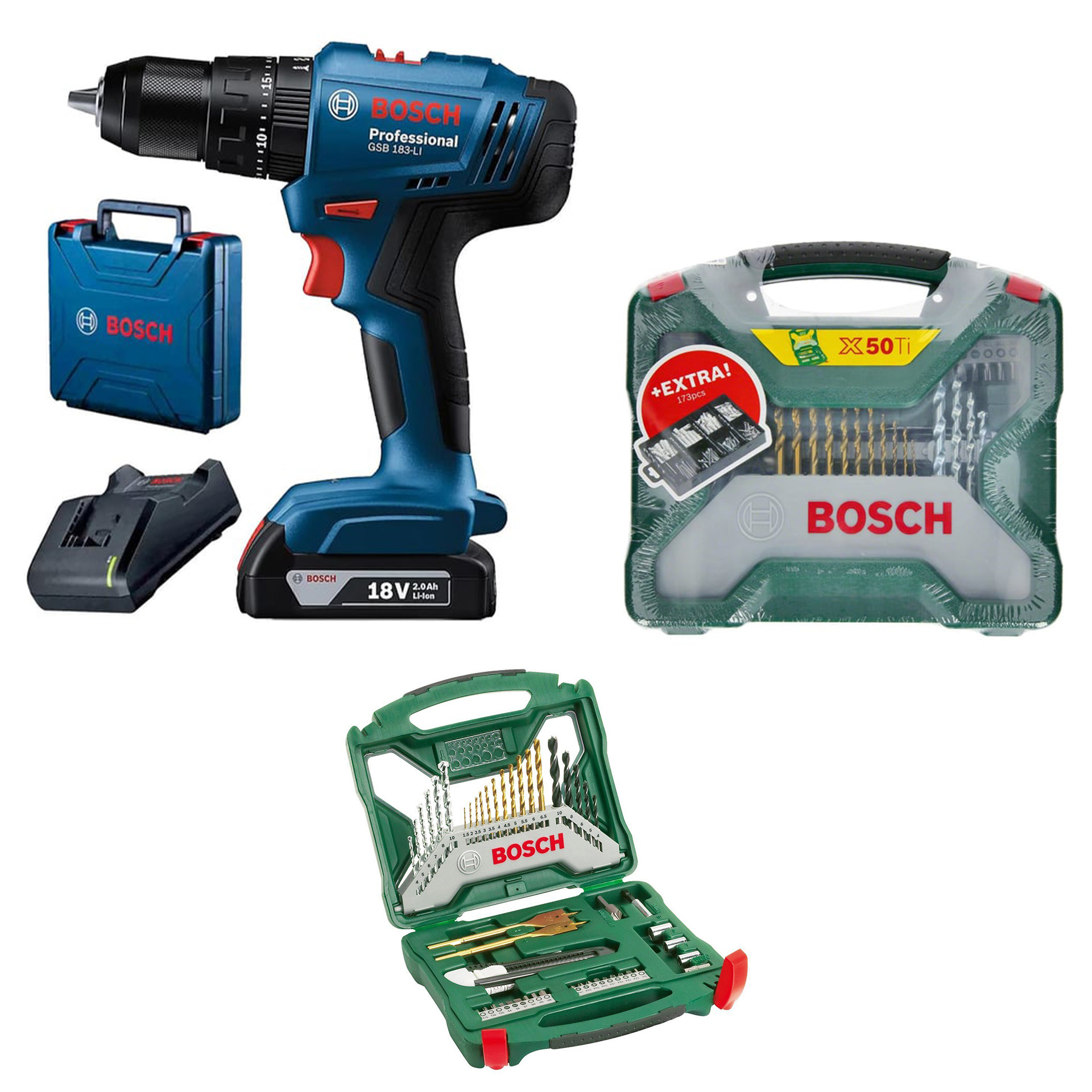 Bosch Professional GSB 183 Tek Akülü 2 Ah Darbeli Matkap Şarjlı  + X-LİNE 50+173 Parça Aksesuar Seti