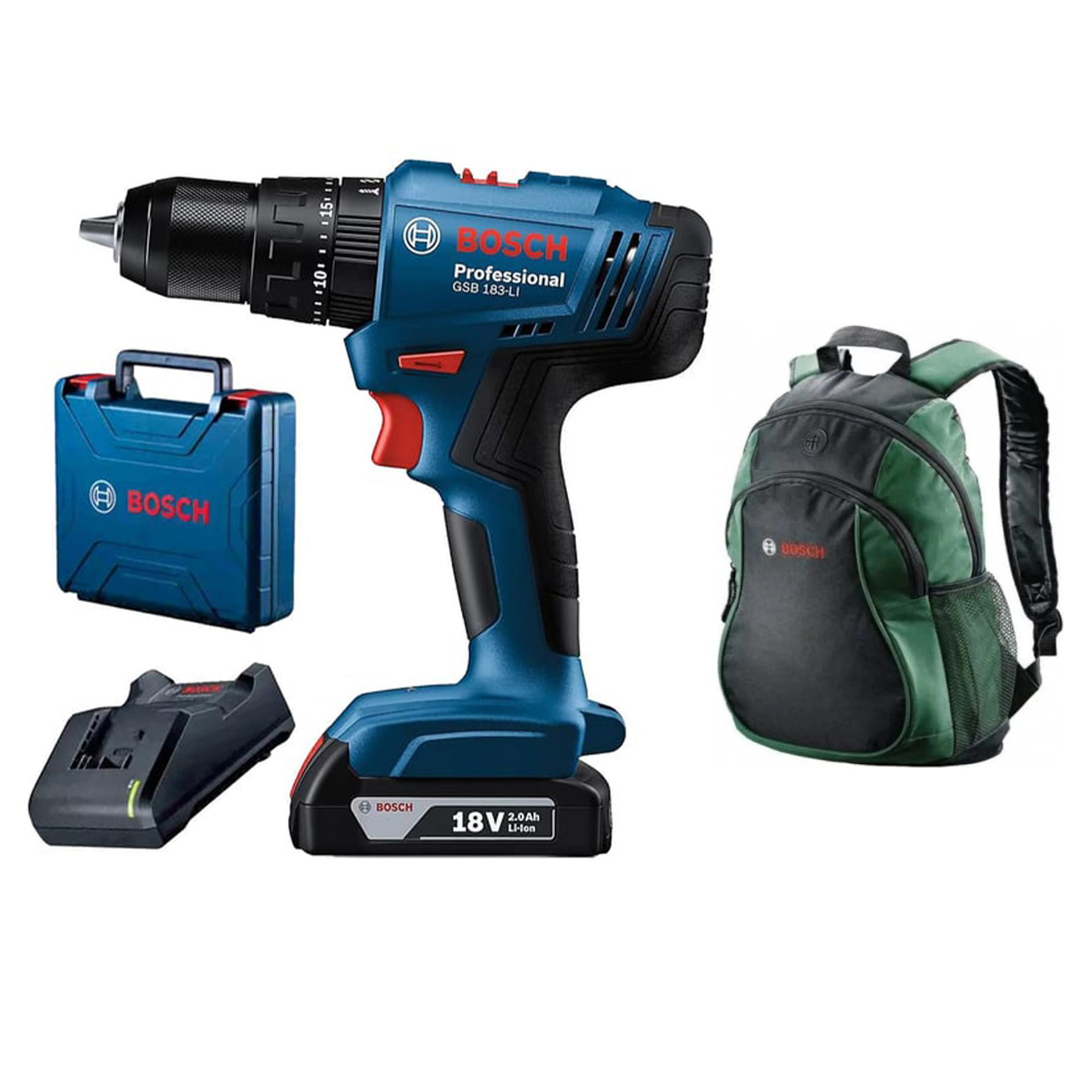 Bosch Professional GSB 183 Tek Akülü 2 Ah Darbeli Matkap Şarjlı  - 06019K9101 + Bosch Sırt Çantası