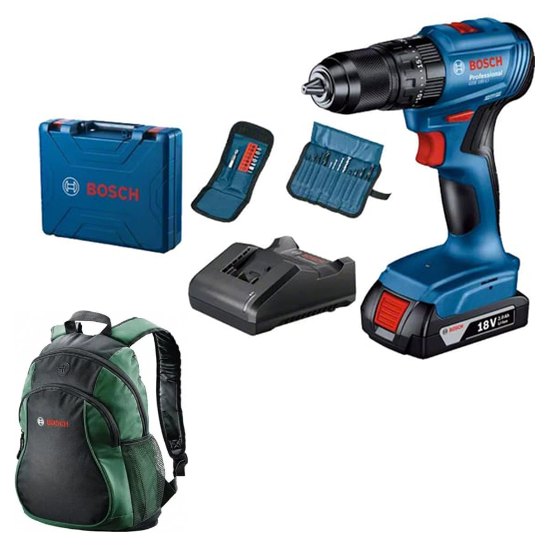 Bosch Professional GSB 185-LI Tek Akülü 2.0 Ah Kömürsüz Motor Darbeli Vidalama + 23 Parça Aksesuar Seti - 06019K3102 + Bosch Sırt Çantası