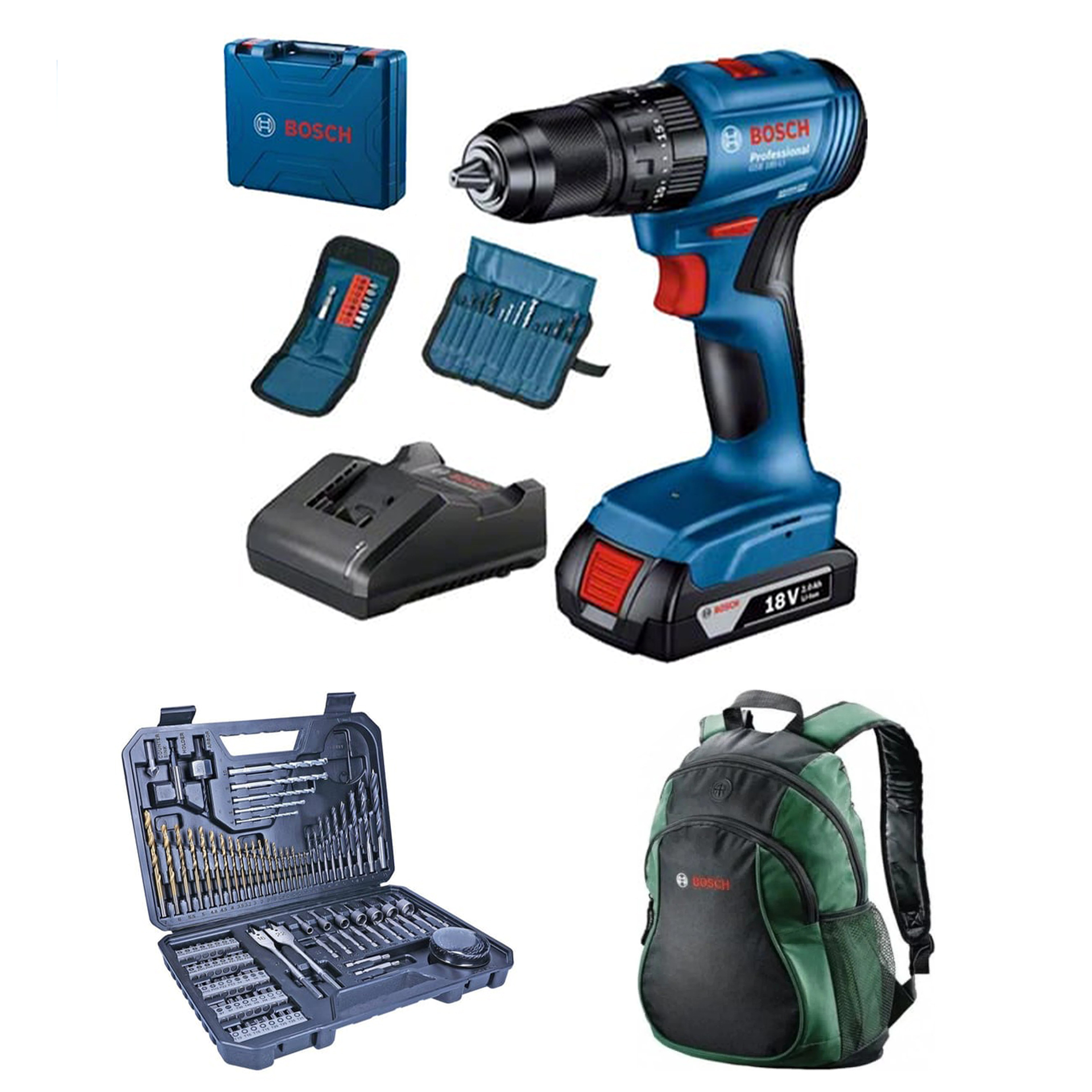 Bosch Professional GSB 185-LI Tek Akülü 2.0 Ah Kömürsüz Motor Darbeli Vidalama + 23 Parça Aksesuar Seti + V-Line 103 Parça Karışık Aksesuar Seti + Bosch Sırt Çantası