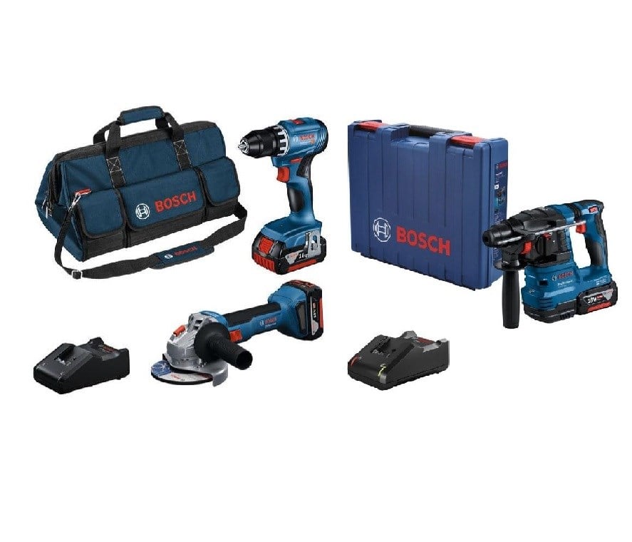 Bosch Professional Gsr 18V-45 Akülü Vidalama + Gws 18V-8 Akülü Taşlama + GBH 185-LI  Kırıcı ve Delici 3 x 4 Ah Akülü Kombi Set