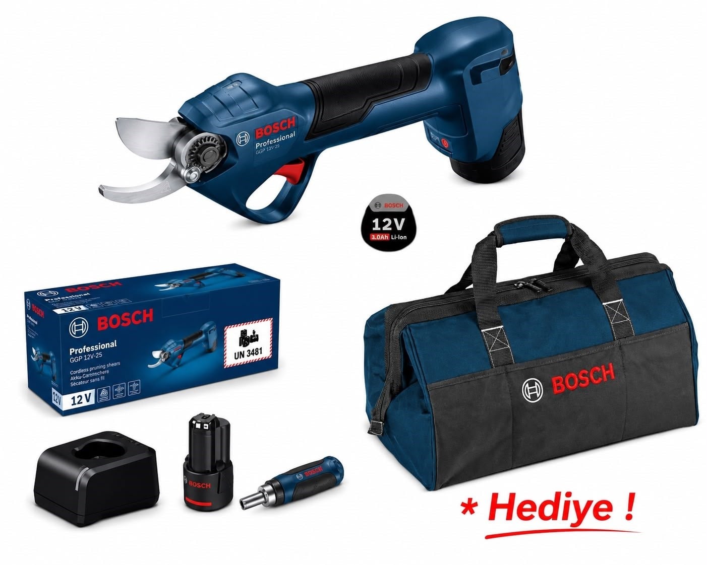 Bosch Professionel GGP 12V-25 (2x3 Ah) Akülü Budama Makası + Bosch Bez Takım Alet Çantası - 06008D8100