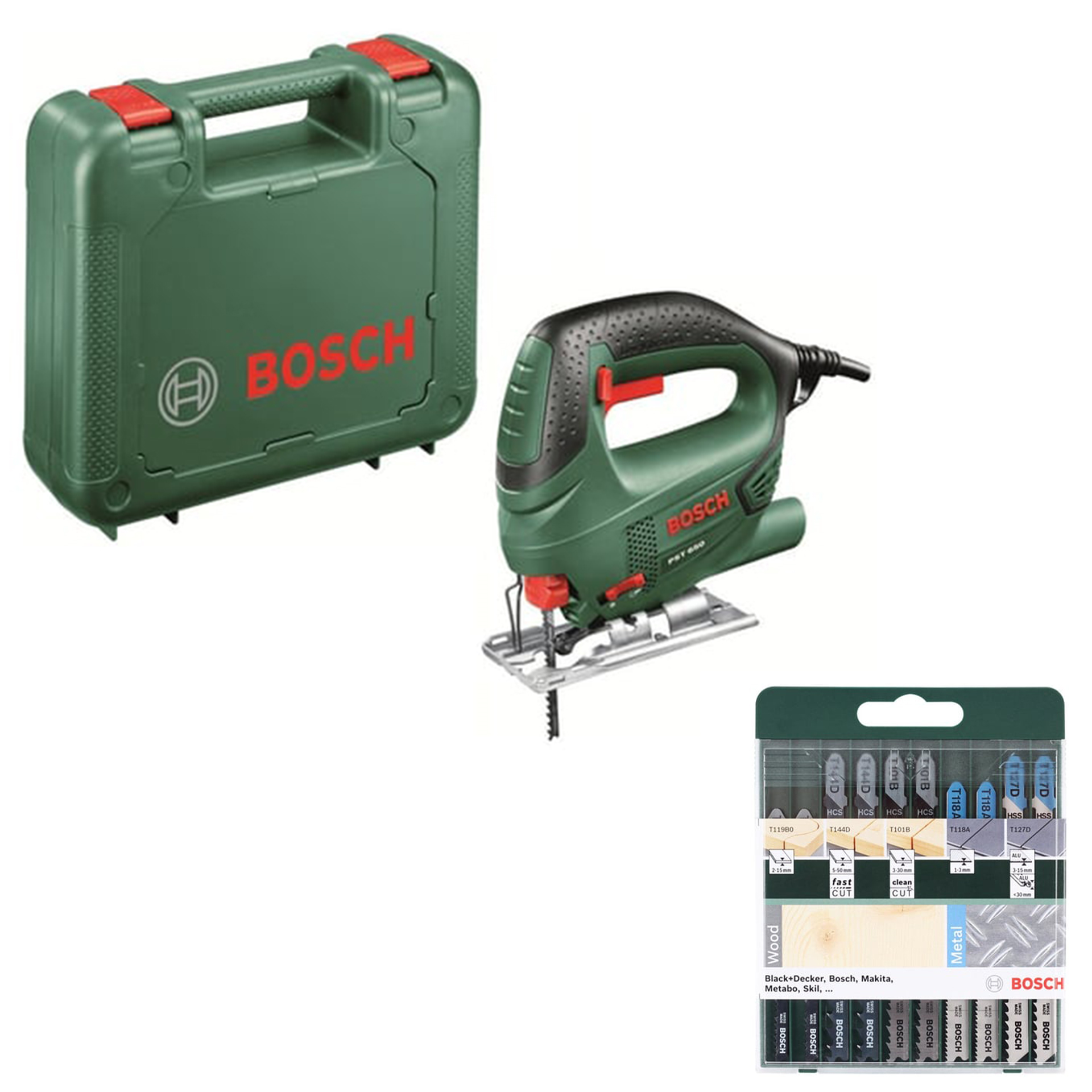 BOSCH PST 650 Compact 500 Watt Dekupaj Testere + Karışık Dekupaj Testere Seti 10 lu