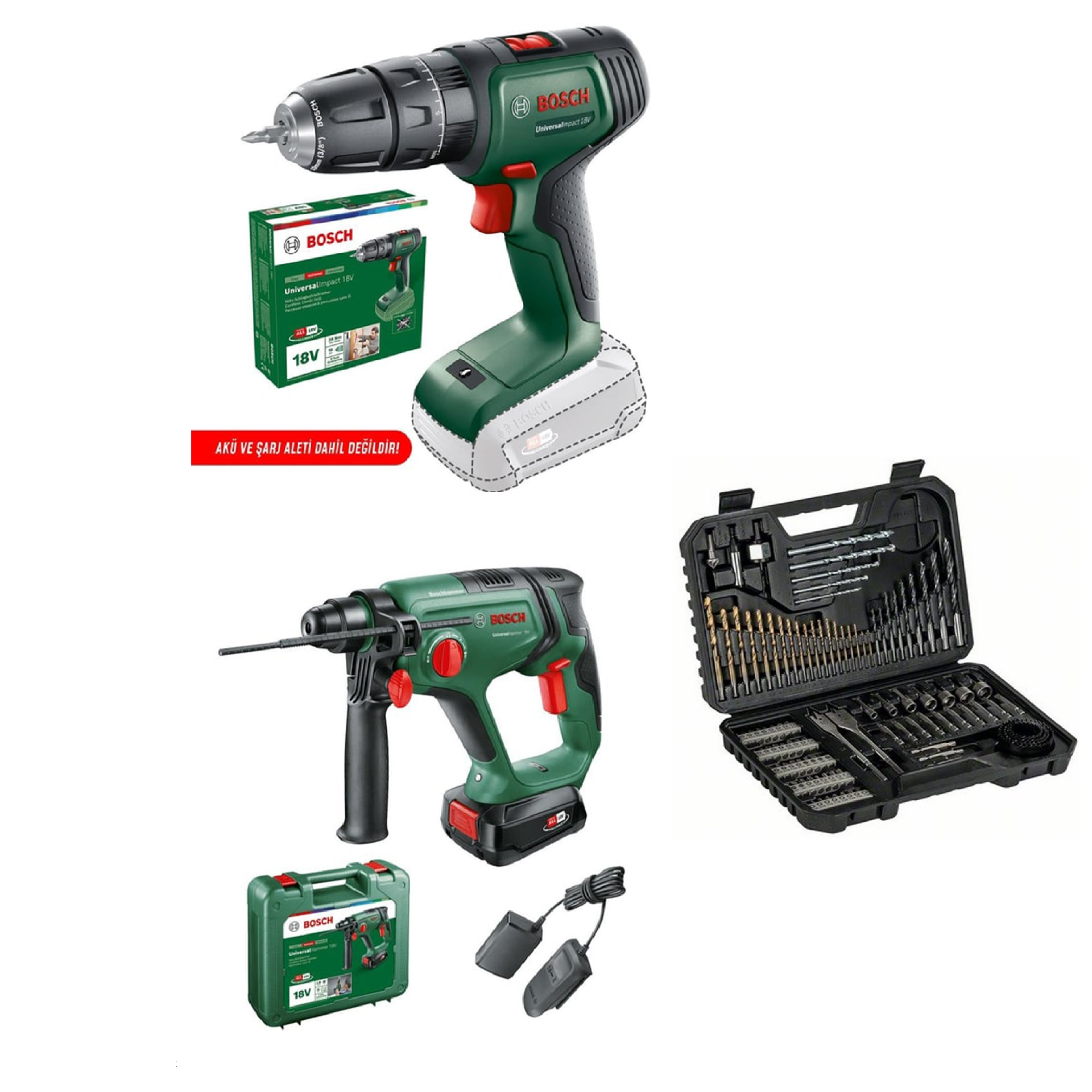 Bosch UniversalHammer 18V Akülü Matkap (Tek Akü, 2,5 Ah) + Akülü Darbeli Vidalama Solo +  V-Line 103 Parça Karışık Aksesuar Seti
