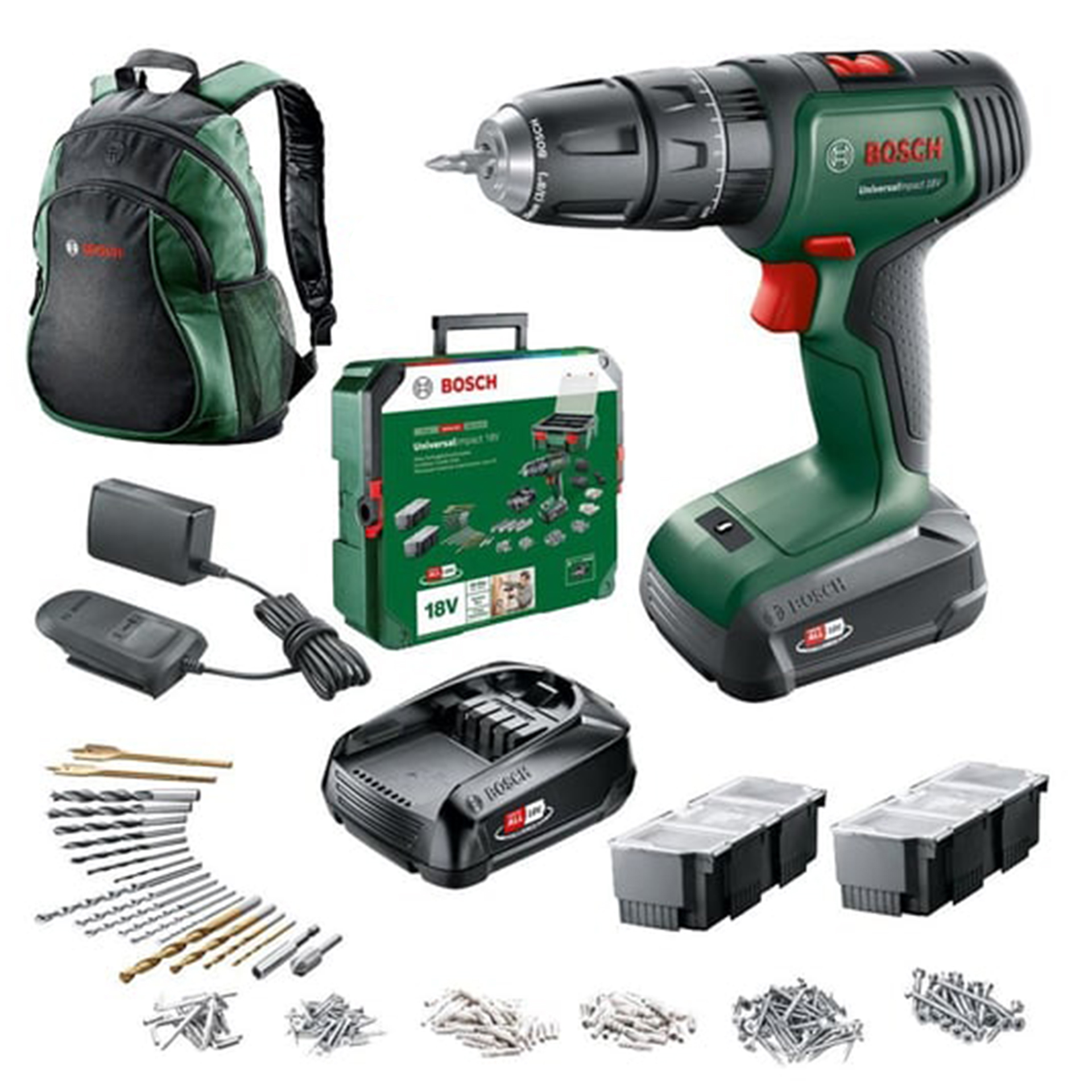 Bosch UniversalImpact 18V Akülü Darbeli Matkap (1,5Ah, Çift Akü) SBX + 241 Aksesuar Setli + Bosch Sırt Çantası