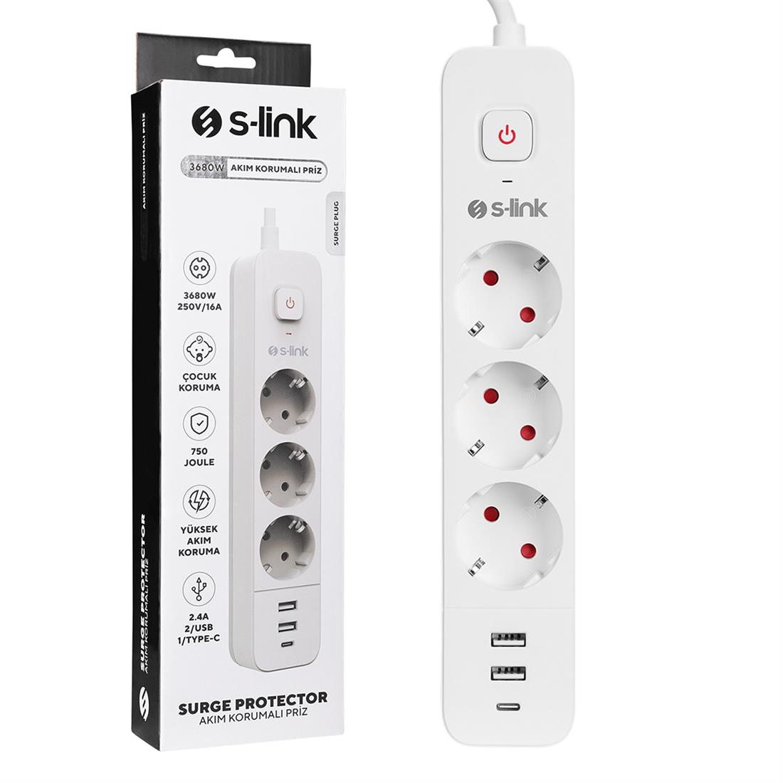 S-Link SPG03TC 2Usb + 1 Type C 5V2 4A 3*1mm %100 Bakır 750 Joule Anahtarlı Akım Korumalı Beyaz Priz 3'Lü 1,5mt - 37303