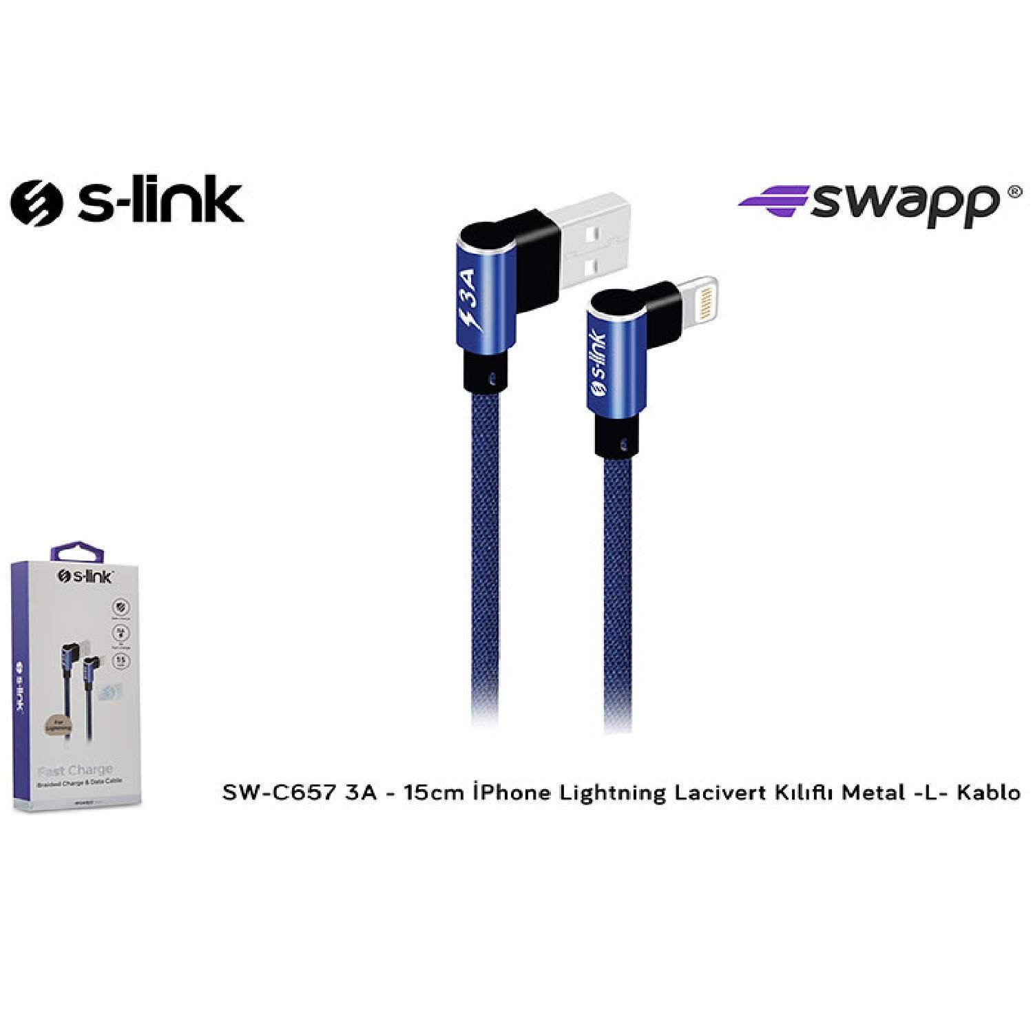 S-link Swapp SW-C657 3A - 15cm İPhone Lightning Lacivert Kılıflı Metal -L- Kablo - 30324