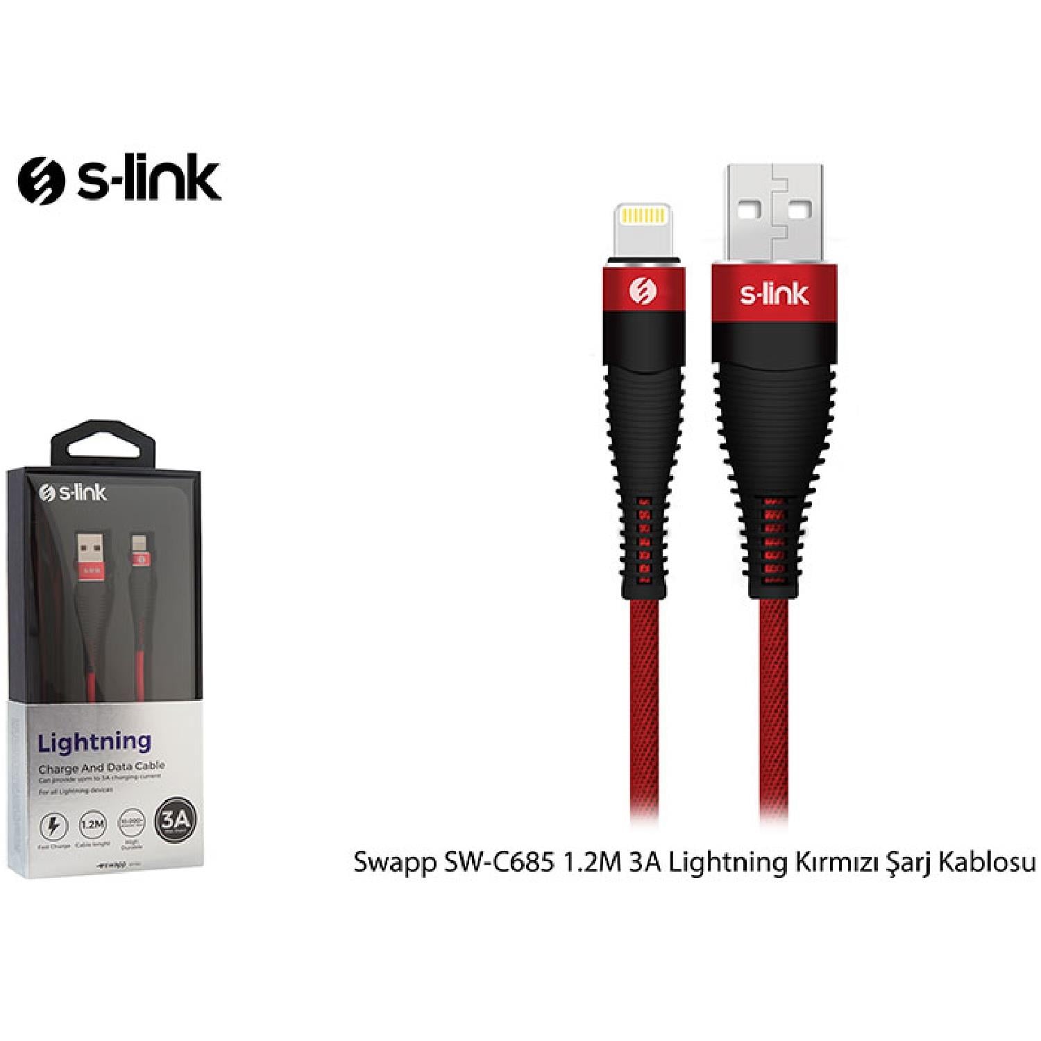 S-link Swapp SW-C685 1.2M 3A Lightning Kırmızı Şarj Kablosu - 31542