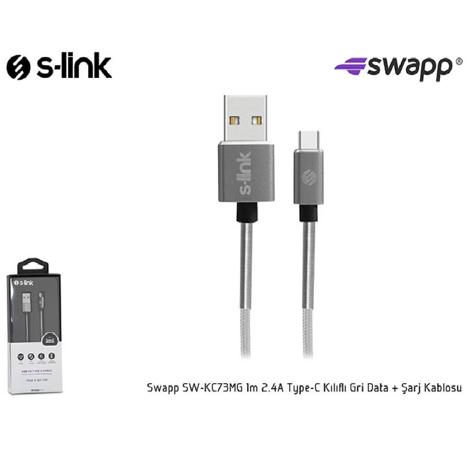 S-link Swapp SW-KC73MG 1m 2.4A Type-C Kılıflı Gri Data + Şarj Kablosu - 29246
