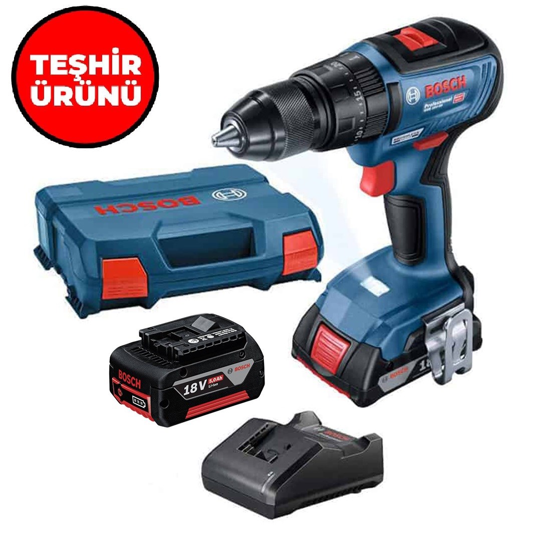 Teşhir Bosch Professional GSB 18V-50 18V Darbeli 2.0 + 5.0 Ah Li-ion Çift Akülü Delme Vidalama - 06019h5103