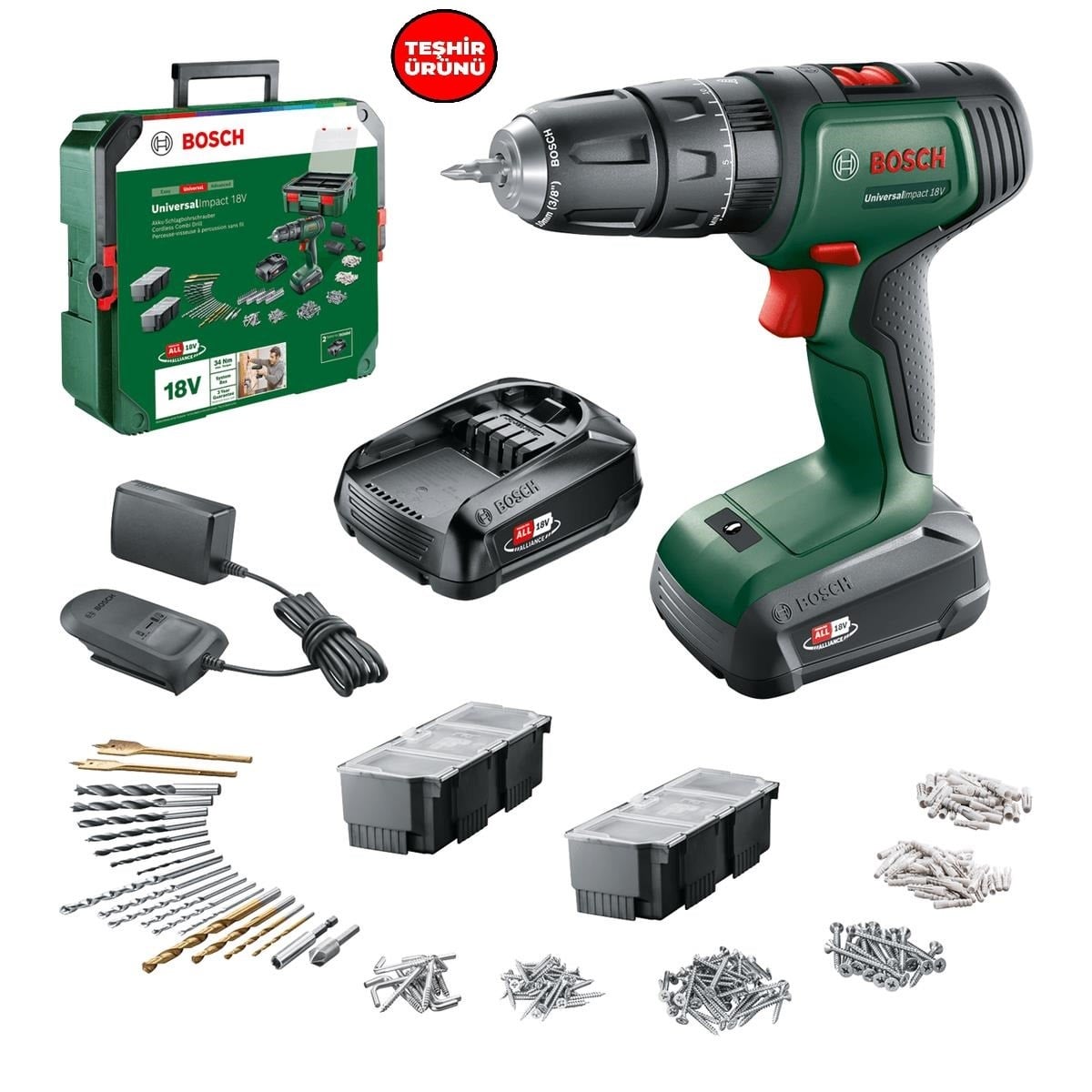 Teşhir Bosch UniversalImpact 18V Akülü Darbeli Matkap (1,5Ah, Çift Akü) SBX + 241 Aksesuar Setli - 06039D4103