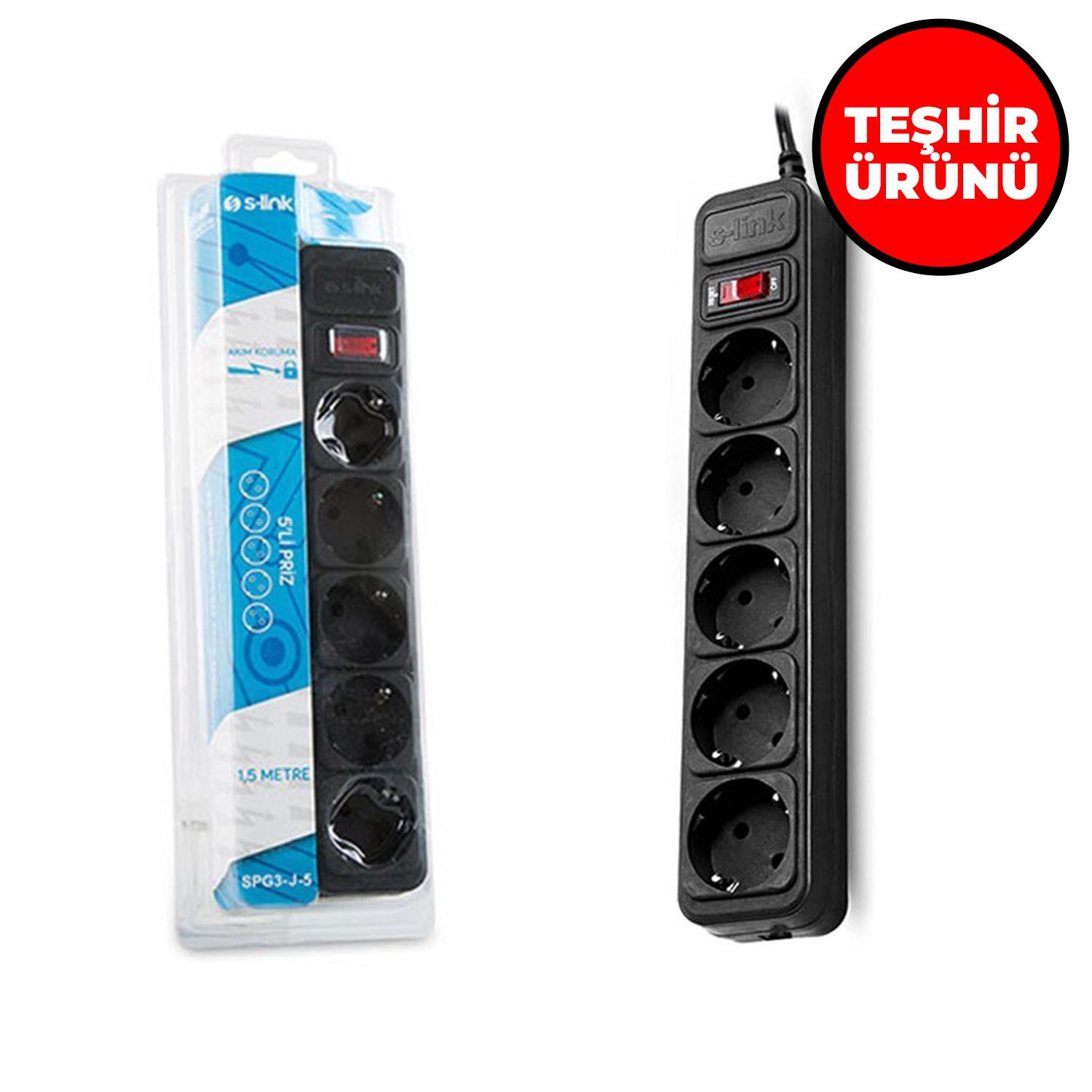 TEŞHİR S-Link SPG3-J-5 1.5m 306Joule 5Li Akım Korumalı Siyah Priz 13253