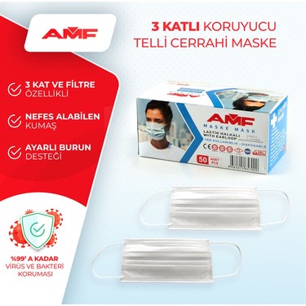 Amf Kalın Lastikli  Cerrahi Maske Paket 50Li
