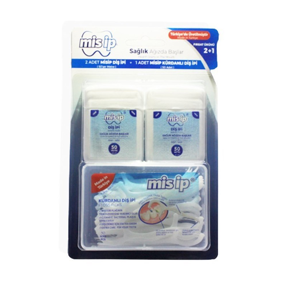 Mis İp Diş İpi 50m x 2 ve Kürdanlı Diş İpi 50 Adet Set 