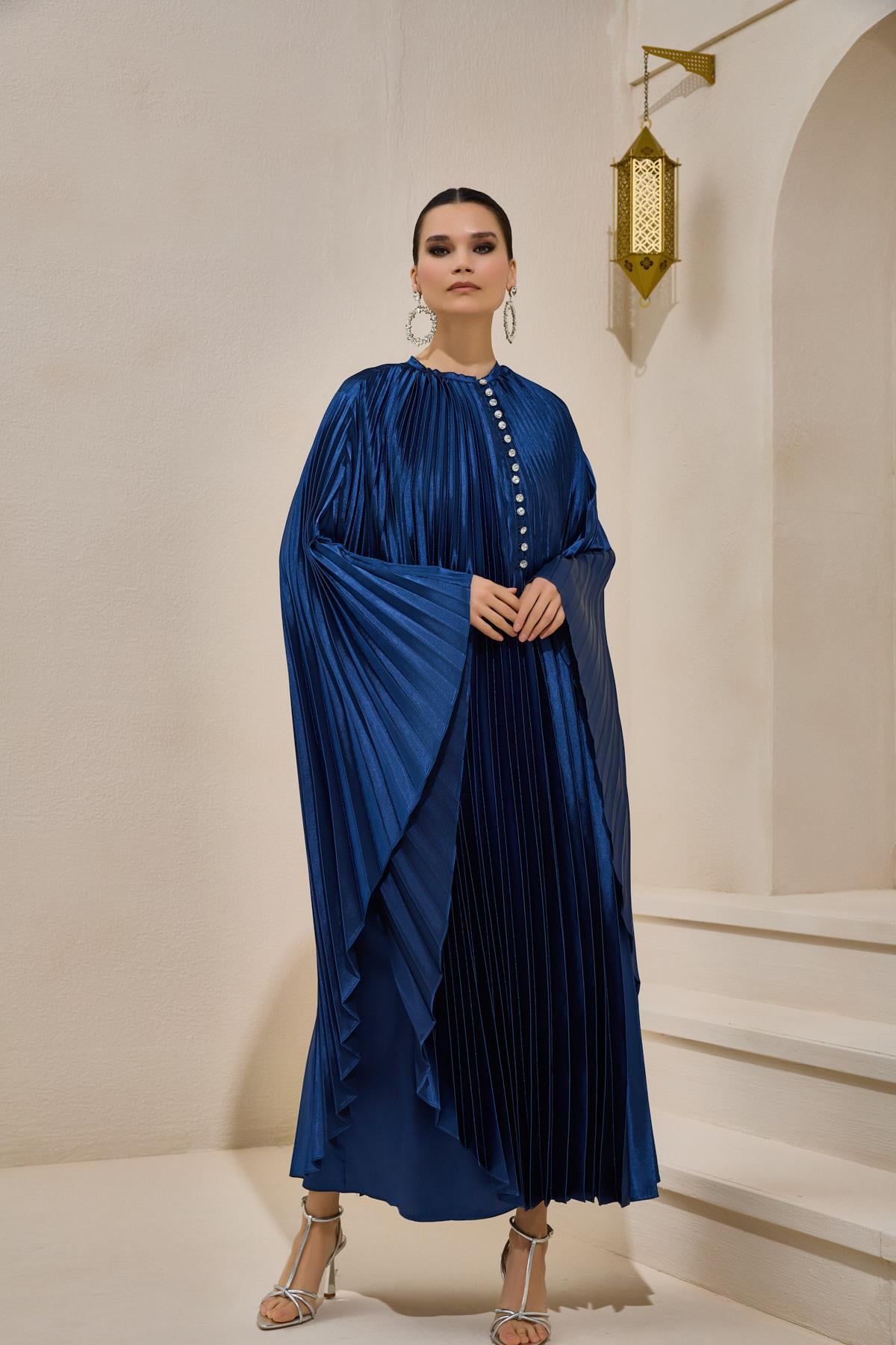 PLISSE SATIN MAXI DRESS SET NAVY BLUE