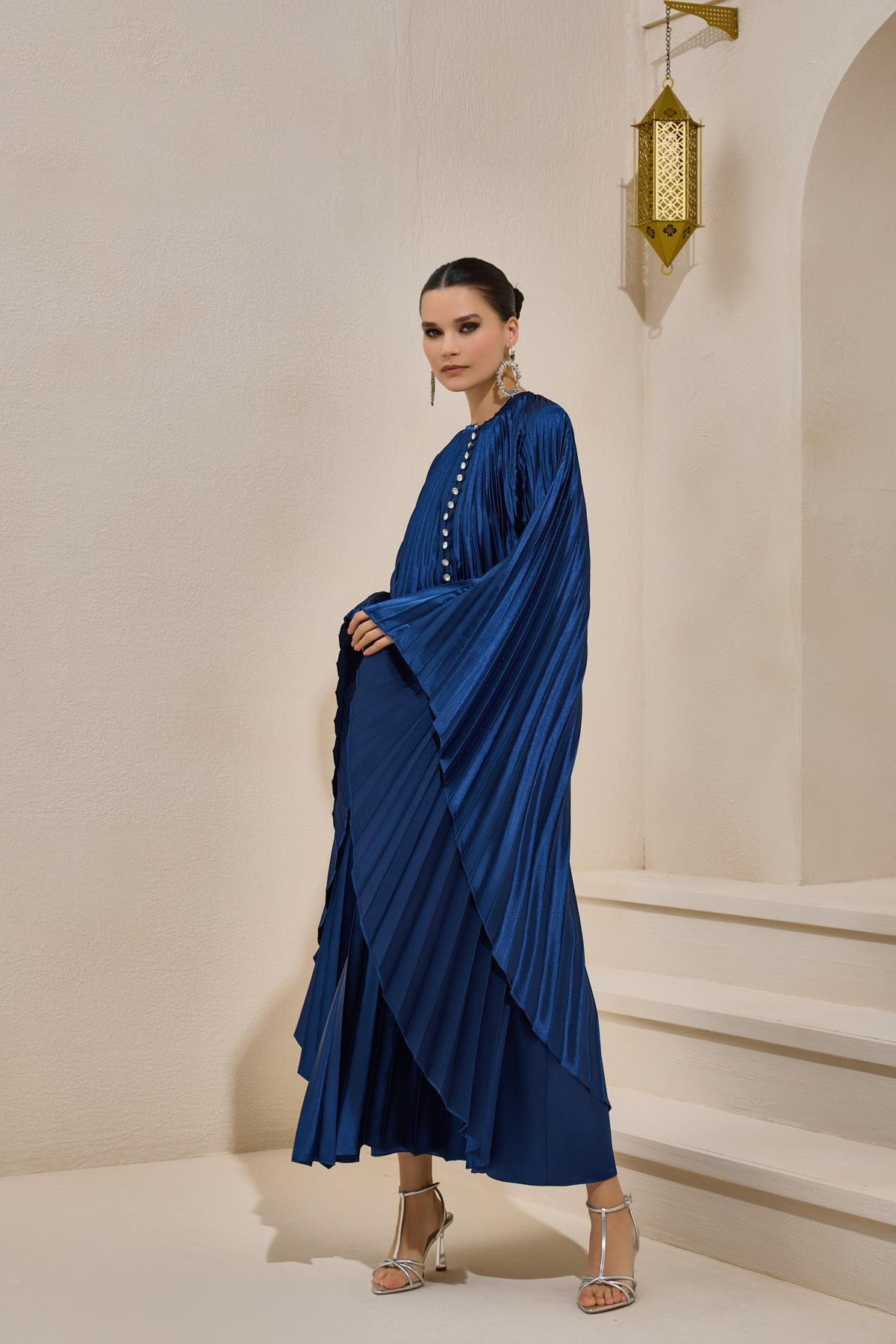 PLISSE SATIN MAXI DRESS SET NAVY BLUE