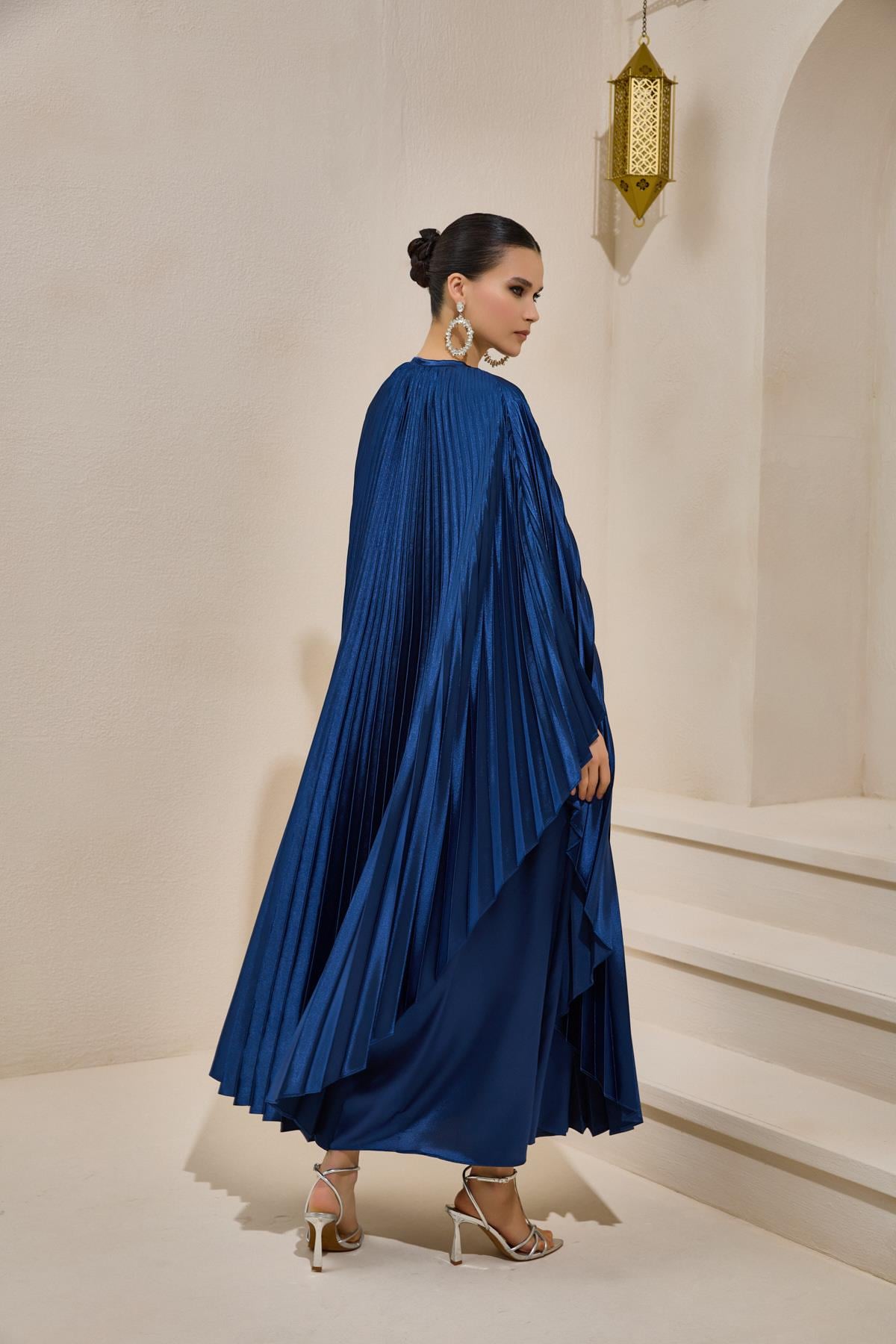PLISSE SATIN MAXI DRESS SET NAVY BLUE