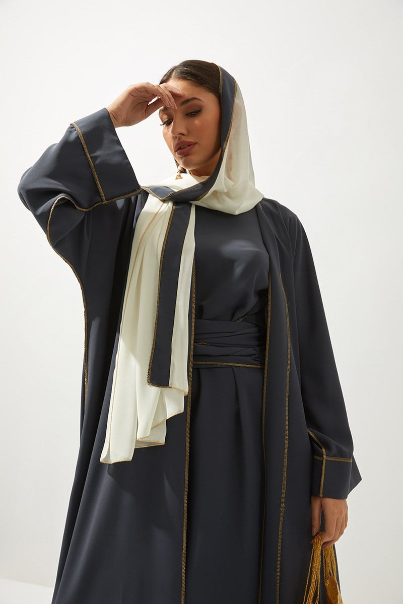 LINE ABAYA DRESS SHAWL 3 PIECE SET -ANTHRACITE