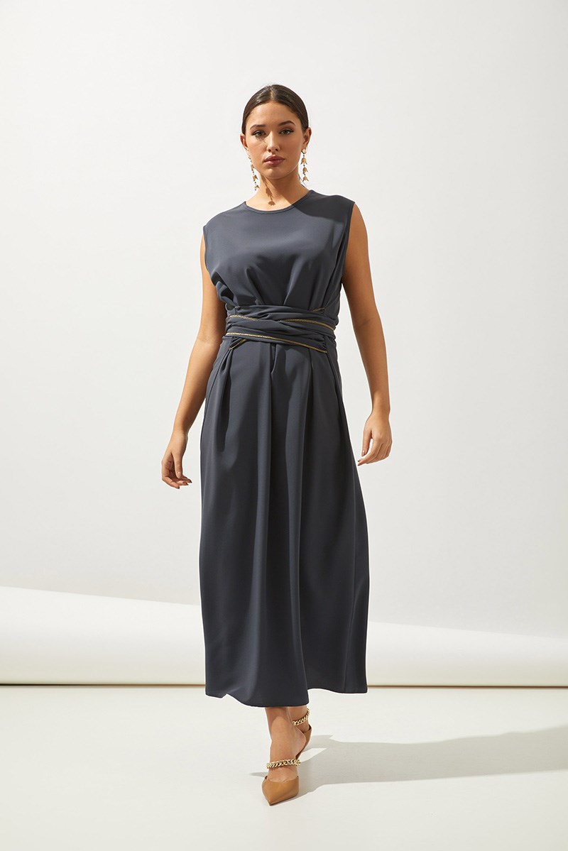 LINE ABAYA DRESS SHAWL 3 PIECE SET -ANTHRACITE