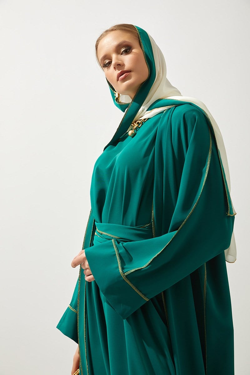 LINE ABAYA DRESS SHAWL 3 PIECE SET -GREEN