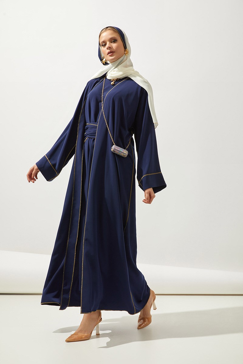 LINE ABAYA DRESS SHAWL 3 PIECE SET-NAVY BLUE