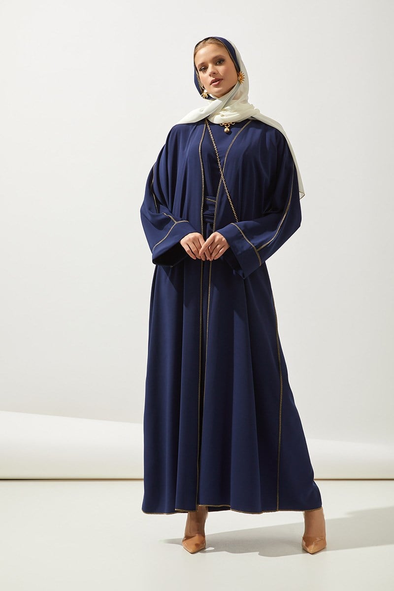 LINE ABAYA DRESS SHAWL 3 PIECE SET-NAVY BLUE