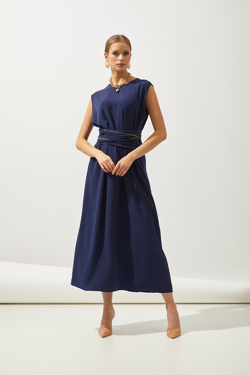 LINE ABAYA DRESS SHAWL 3 PIECE SET-NAVY BLUE