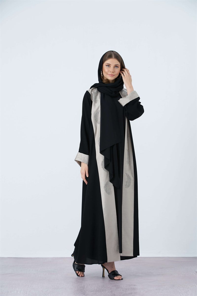 PALMİYE TAŞ DETAYLI ABAYA- GRİ