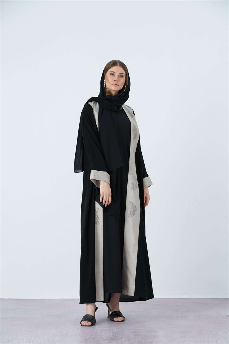 PALMİYE TAŞ DETAYLI ABAYA- GRİ