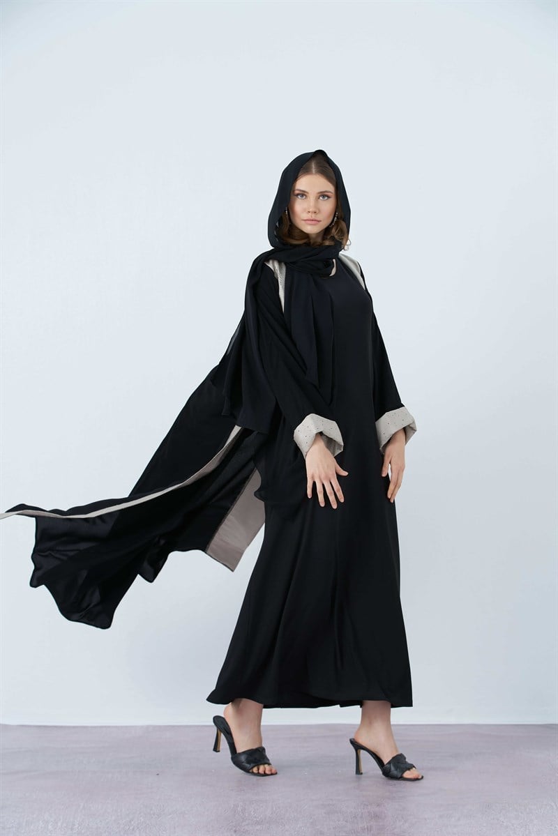 PALMİYE TAŞ DETAYLI ABAYA- GRİ