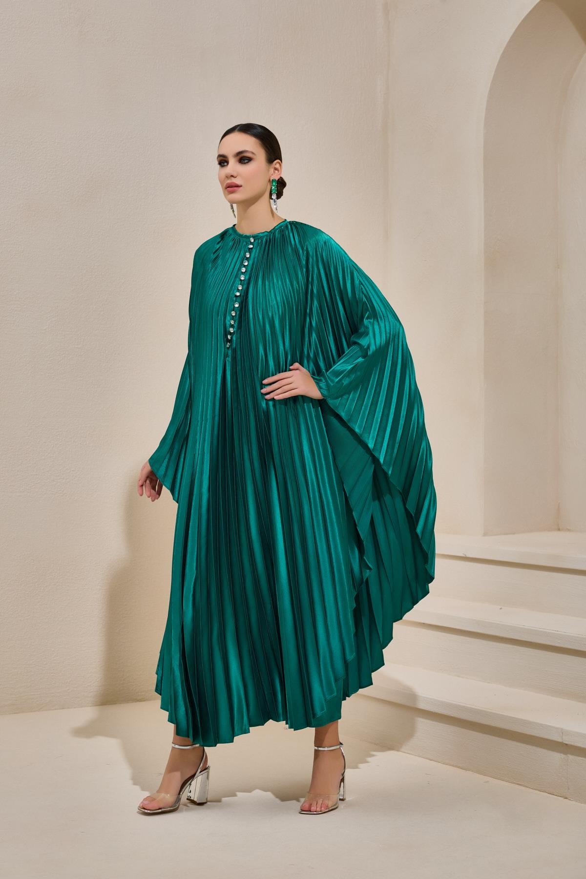 PLISSE SATIN MAXI DRESS SET EMERALD GREEN