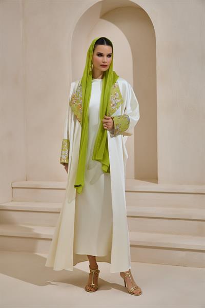 BROCADE MIX ABAYA ECRU
