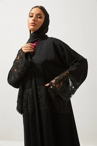 LACE DETAILS ABAYA-BLACK