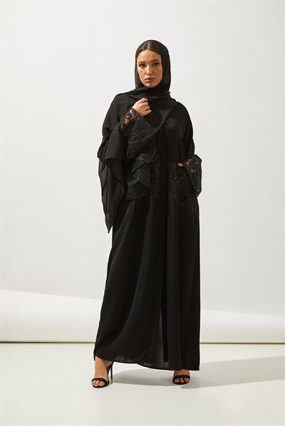 LACE DETAILS ABAYA-BLACK