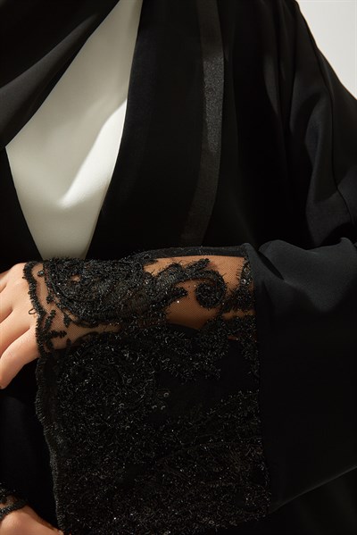 LACE ORGANZA DETAIL ABAYA -BLACK