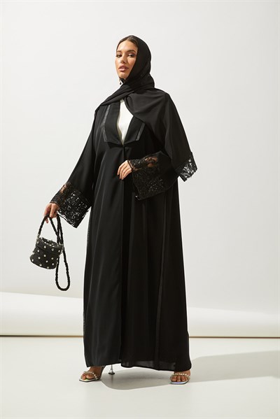 LACE ORGANZA DETAIL ABAYA -BLACK