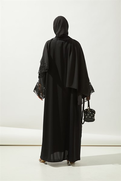 LACE ORGANZA DETAIL ABAYA -BLACK