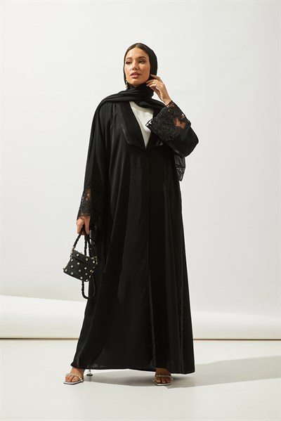 LACE ORGANZA DETAIL ABAYA -BLACK