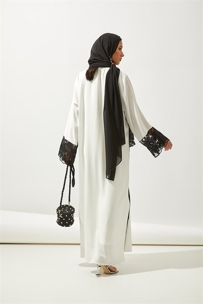 LACE ORGANZA DETAIL ABAYA -WHİTE