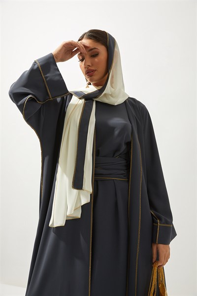 LINE ABAYA DRESS SHAWL 3 PIECE SET -ANTHRACITE