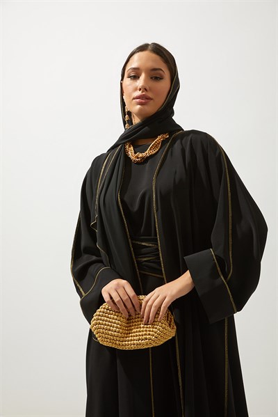 LINE ABAYA DRESS SHAWL 3 PIECE SET-BLACK