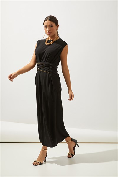 LINE ABAYA DRESS SHAWL 3 PIECE SET-BLACK