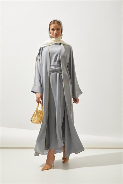 LINE ABAYA DRESS SHAWL 3 PIECE SET - GREY