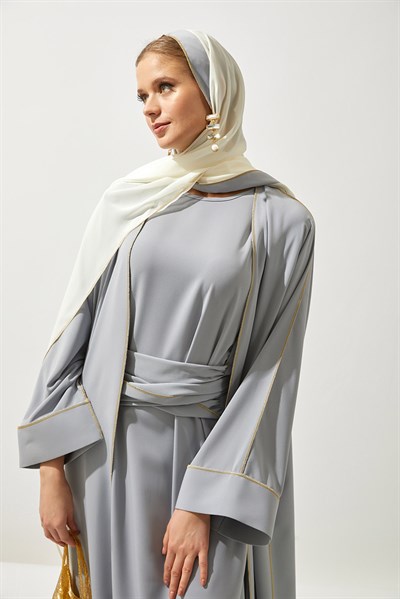 LINE ABAYA DRESS SHAWL 3 PIECE SET - GREY